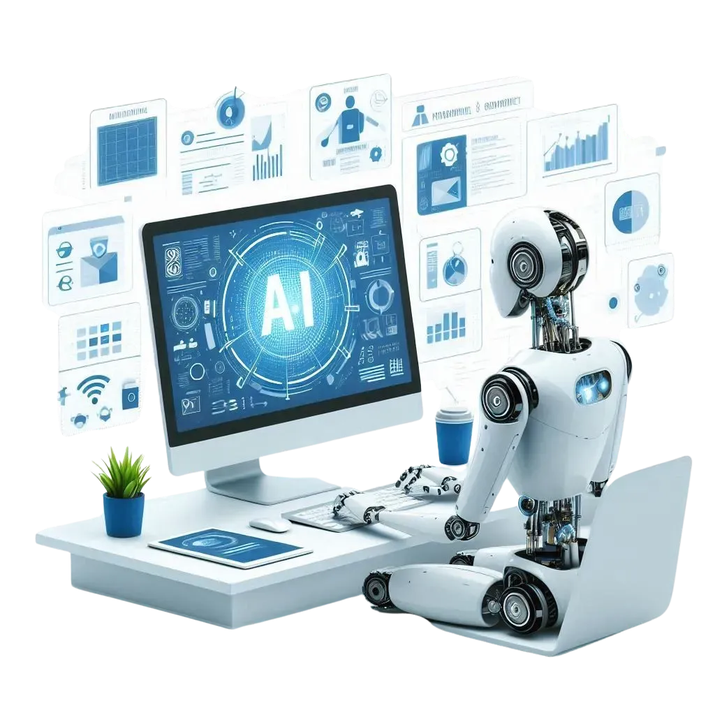 AI Robot Working on Computer